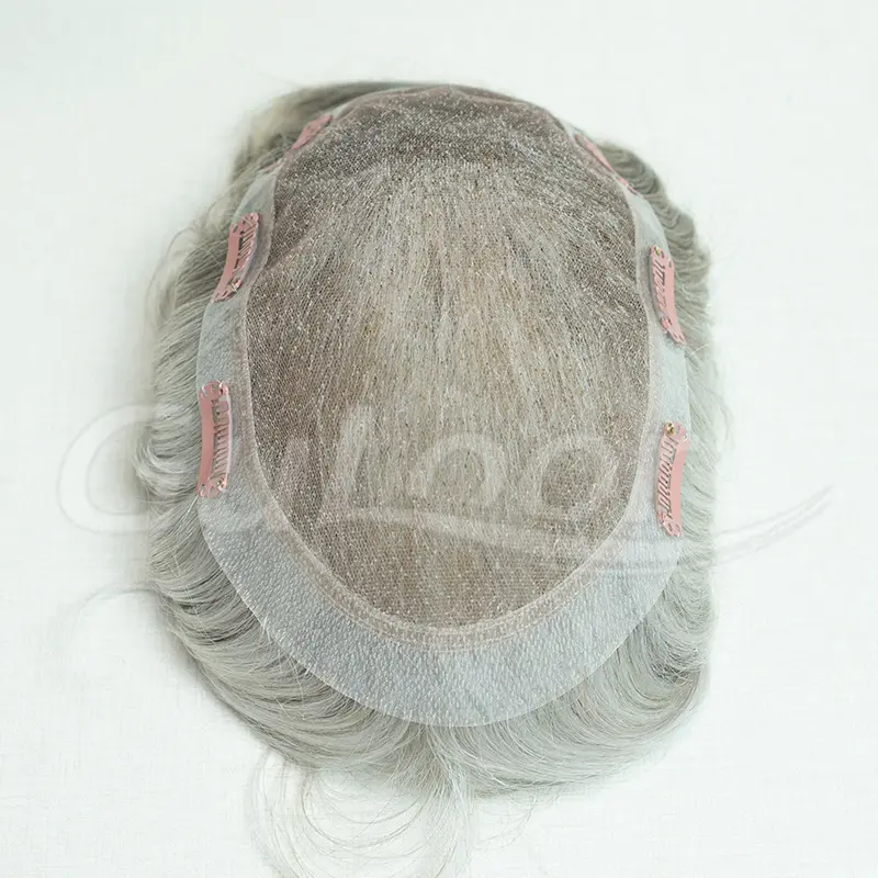 Human Hair Custom Order French Lace With Pu Perimeter #18 with Grey With Cilps