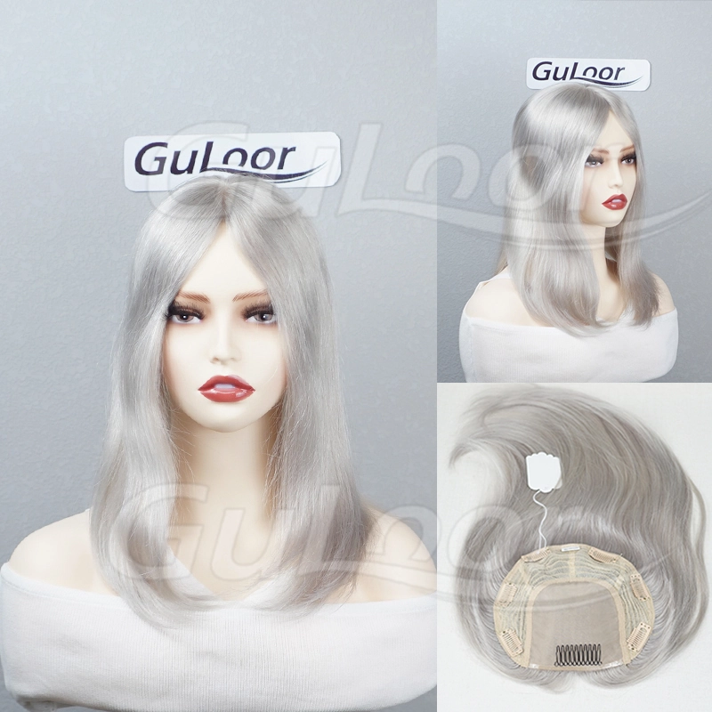 Silk top base natural straight 130% density Granny grey color virgin hair topper